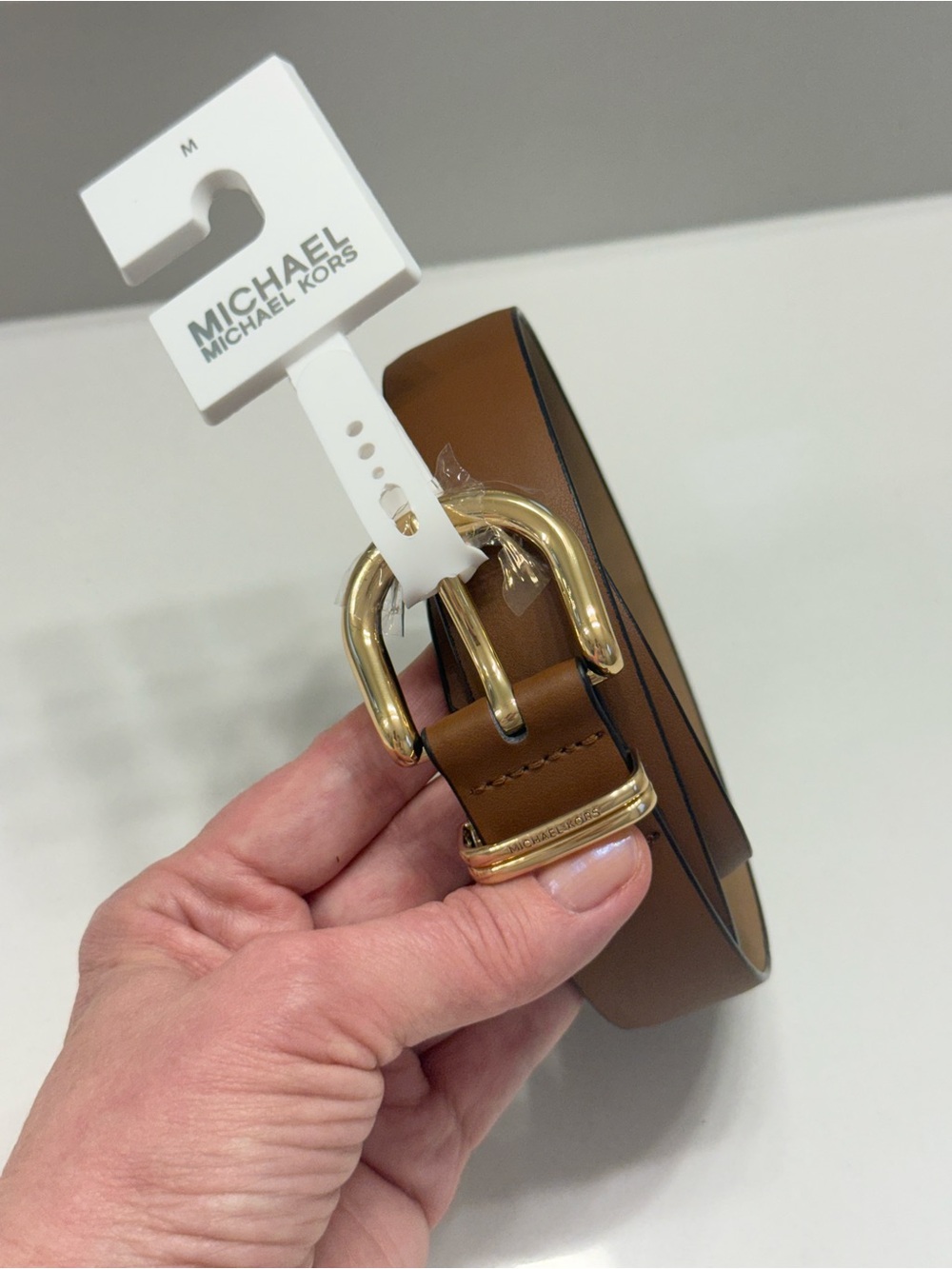 Michael Kors COGNAC Brown Leather Belt with Gold Double Loop Buckle NWT
